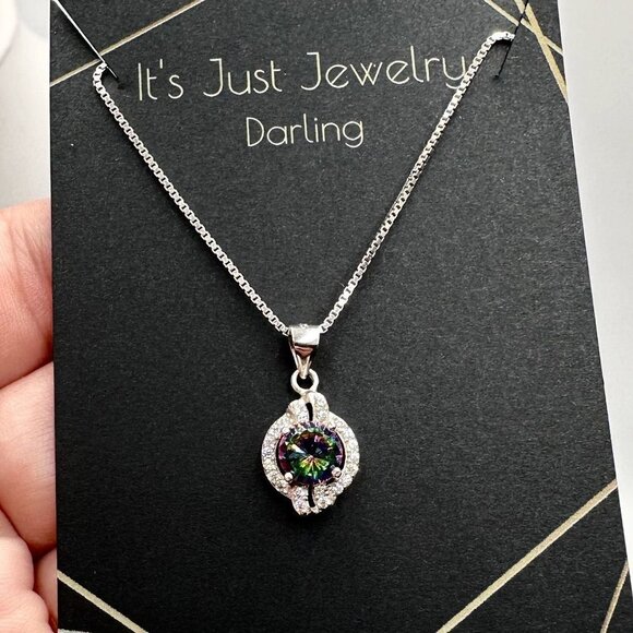 Sterling Silver Womans Necklace Multicolor Cubic Zirconia Pendant - Picture 2 of 3